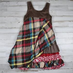 Boutique Elaine et Lena brown/red velour & cotton plaid dress Girl's size 6 boho